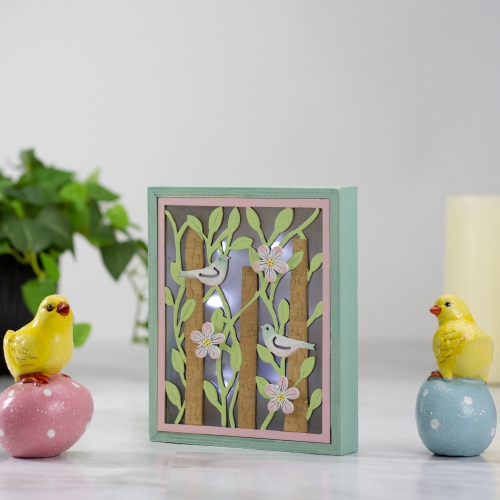 6.25" Spring Songbird Wooden Green and Pink LED Hanging Shadow Box