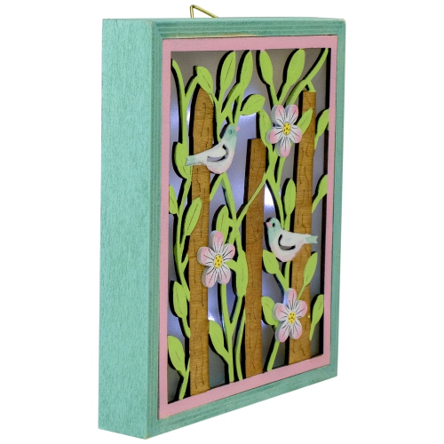 6.25" Spring Songbird Wooden Green and Pink LED Hanging Shadow Box