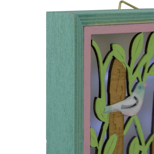 6.25" Spring Songbird Wooden Green and Pink LED Hanging Shadow Box
