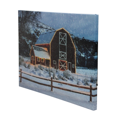 LED Fiber Optic Snowy Red Barn Christmas Canvas Wall Art 15.75" x 12"