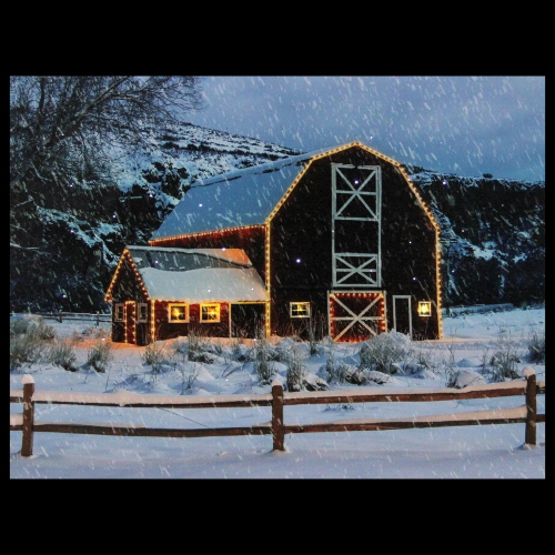 LED Fiber Optic Snowy Red Barn Christmas Canvas Wall Art 15.75" x 12"