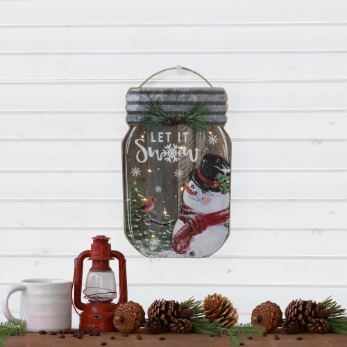13.5" Battery Operated Mason Jar with Snowman "Let It Snow" Christmas Wall Sign