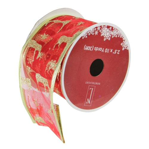 NORTHLIGHT  Club Pack Of 12 And Gold Reindeer Wi Christmas Craft Ribbon 2.5" X 120 Yards In Red