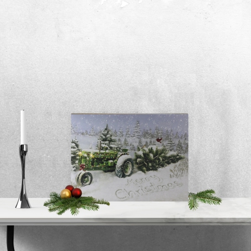 Fiber Optic and LED Lighted Merry Christmas Tractor Canvas Wall Art 12" x 15.75"