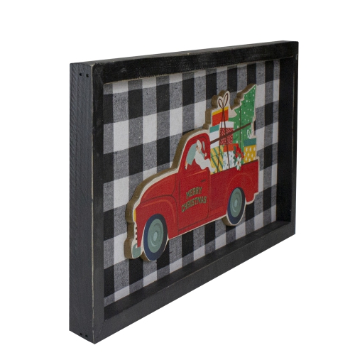 16" Black and White Buffalo Plaid Santa Farm Truck Wooden Christmas Plaque