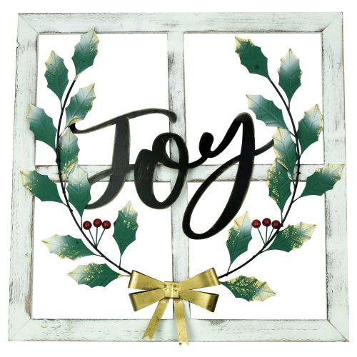 23.75" Joy Window Frame with Holly Christmas Wall Sign