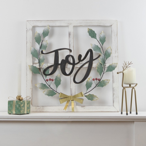 23.75" Joy Window Frame with Holly Christmas Wall Sign
