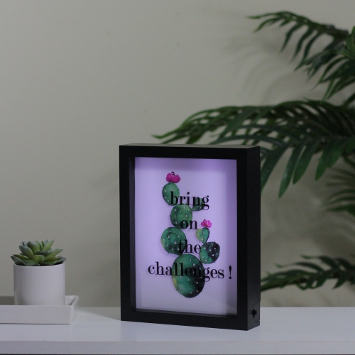 LED Lighted 'Bring on the Challenges' Cactus Framed Light Box 9" x 7"