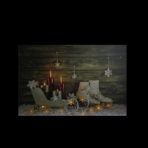 Small LED Lighted Candles, Ice Skates and Sleigh Christmas Canvas Wall Art 12" x 15.75"
