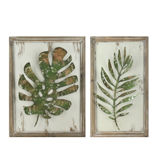MELROSE  Set Of 2 Rustic And Distressed Forest Leaf Framed Wall Plaques 19" In Green