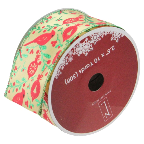 NORTHLIGHT  Club Pack Of 12 And Ivory Cardinals Wired Christmas Craft Ribbon Spools 2.5" X 120 Yards In Green