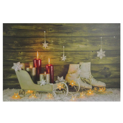 Large LED Lighted Candles, Ice Skates and Sleigh Christmas Canvas Wall Art 23.5" x 15.5"