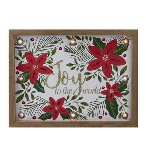 NORTHLIGHT  11.8" Lighted Wooden Frame Poinsettia "joy to The World" In Glitter Christmas Plaque In Brown