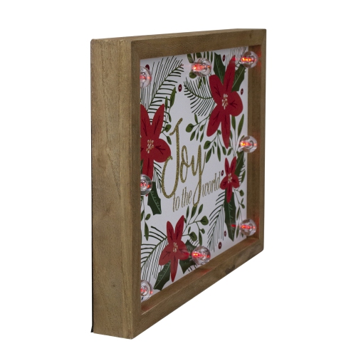 11.8" Lighted Brown Wooden Frame Poinsettia "Joy to the World" in Glitter Christmas Plaque
