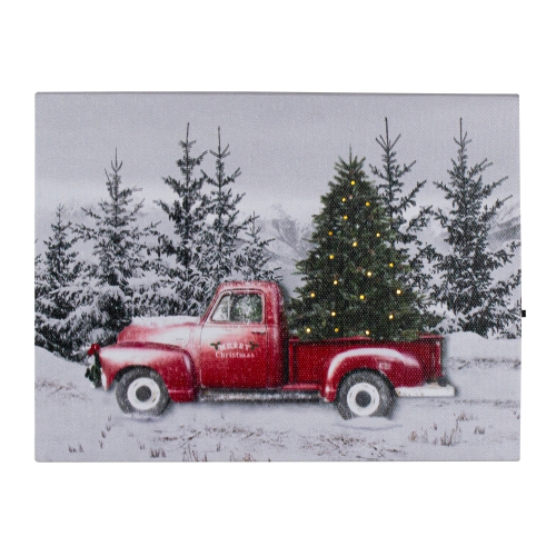 NORTHLIGHT  8" Lighted Christmas Tree In A Truck Tabletop Canvas Art In Red