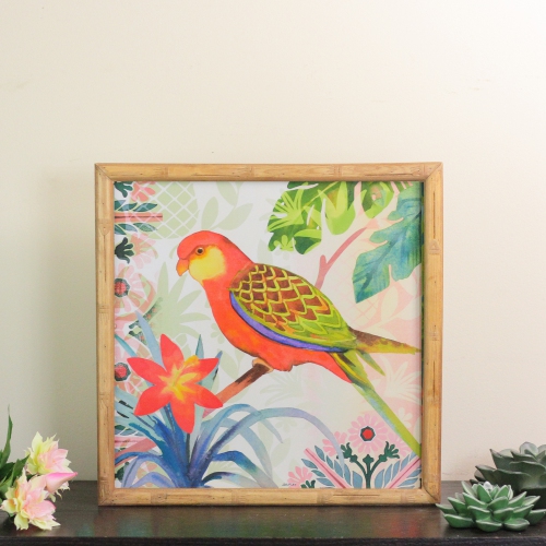 14" Red and Green Love Bird Decorative Wooden Framed Print Wall Art
