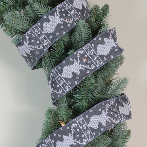 Gray and White Nordic Reindeer Christmas Wired Craft Ribbon 2.5" x 16 Yards