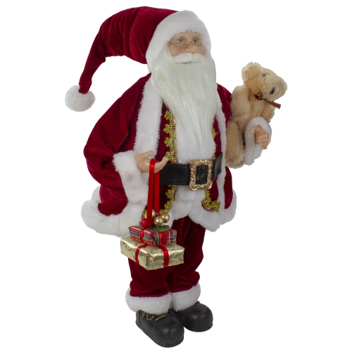 2' Traditional Santa Christmas Figure with a Plush Brown Bear