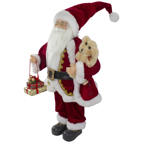 2' Traditional Santa Christmas Figure with a Plush Brown Bear
