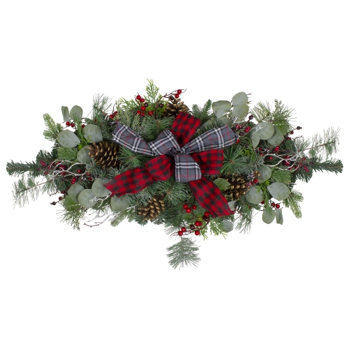 NORTHLIGHT  36" Dual Plaid Bows And Berries Artificial Christmas Swag - Unlit In Red