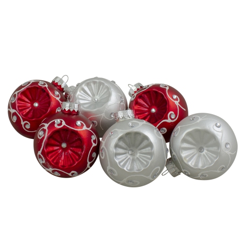 NORTHLIGHT  6Ct And Silver Retro Reflector Matte Glass Christmas Ball Ornament Set 3.25" (82Mm) In Red
