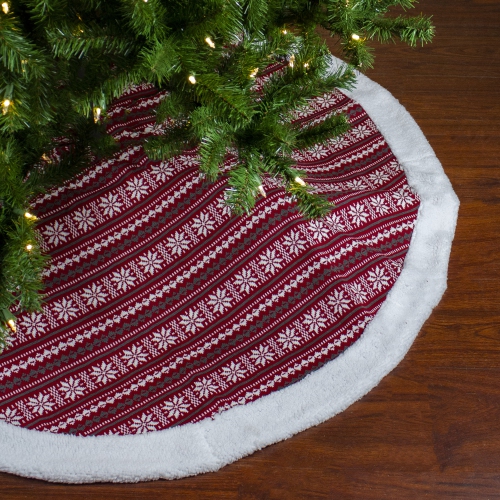 48" Red and White Knitted Snowflake Lodge Christmas Tree Skirt