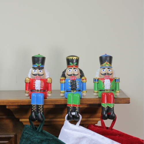 Set of 3 Red, Blue and Green Nutcracker Christmas Stocking Holders 7.5"