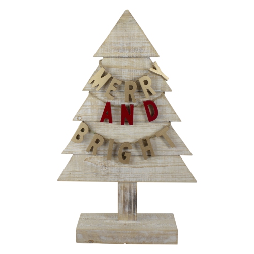 23" Gold and Red Merry and Bright Wooden Christmas Tree Decoration