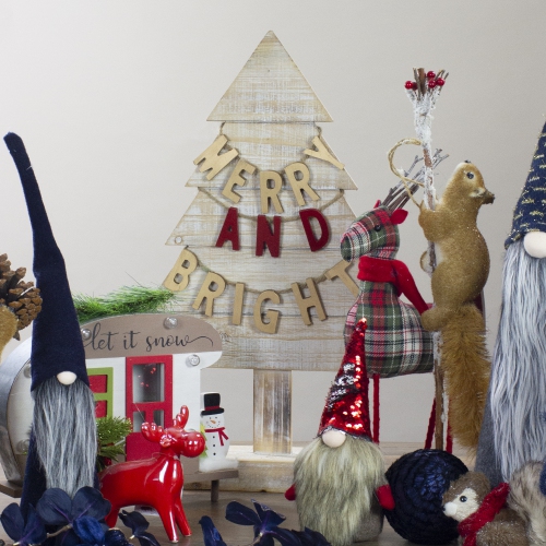 23" Gold and Red Merry and Bright Wooden Christmas Tree Decoration