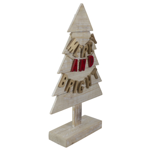 23" Gold and Red Merry and Bright Wooden Christmas Tree Decoration