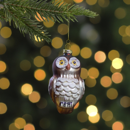 3.75" Brown and White Glass Owl Christmas Ornament