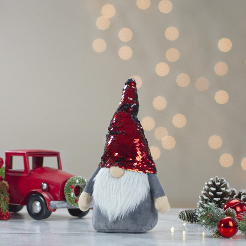 18" Gnome with Red and Black Flip Sequin Hat Christmas Decoration