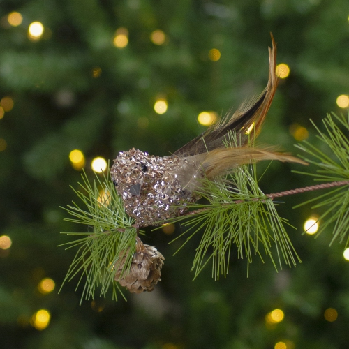 5.5" Left-Facing Champagne Gold Beaded Clip On Bird Christmas Ornament