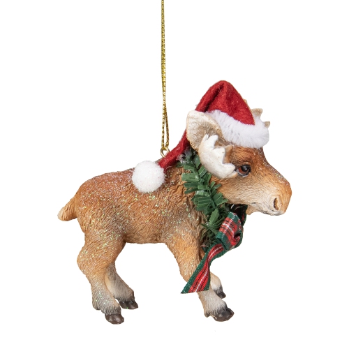 3.5-Inch Moose Wearing Santa Hat and Plaid Bow Christmas Ornament