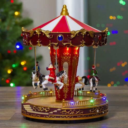 11" Red and White LED Lighted and Animated Christmas Carousel with Horses