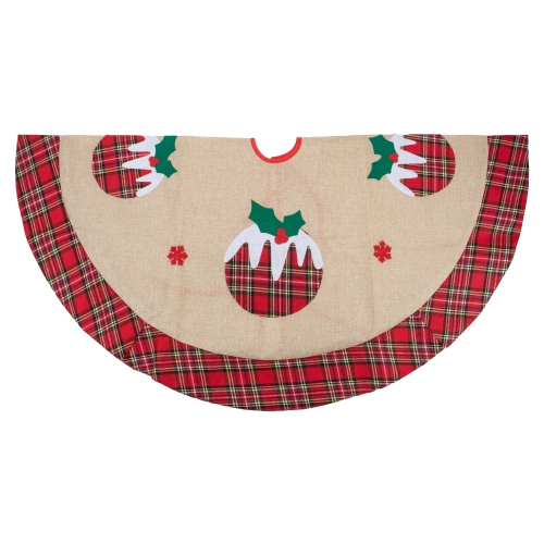 48" Burlap Plaid Tree Skirt with Christmas Puddings