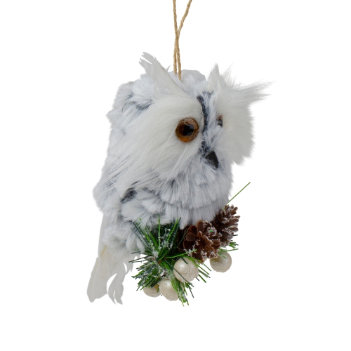 6" White Owl with Pinecones and Berries Christmas Ornament