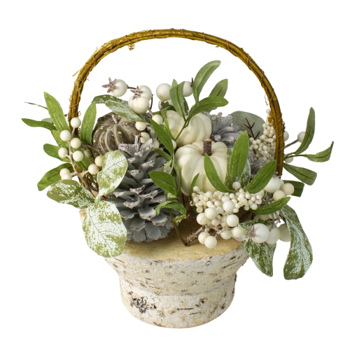 13" Green and Gold Pumpkin and Leaves Artificial Thanksgiving Basket