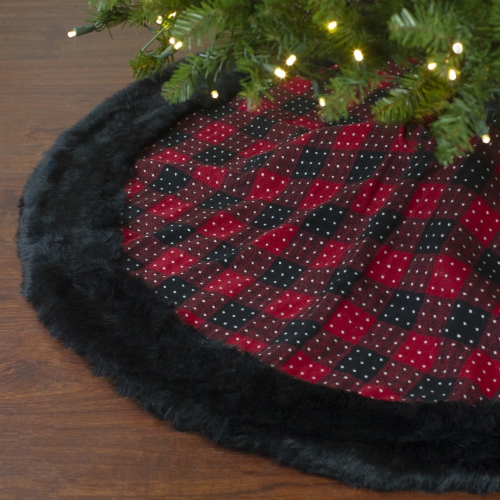 48" Red and Black Plaid with Polka Dots Christmas Tree Skirt