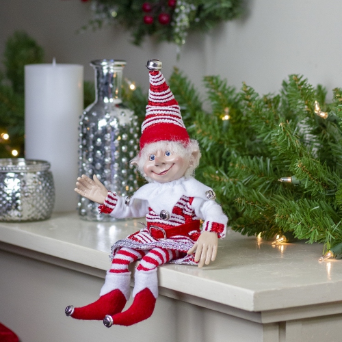 13" Red and White Peppermint Striped Elf with Jingle Bells