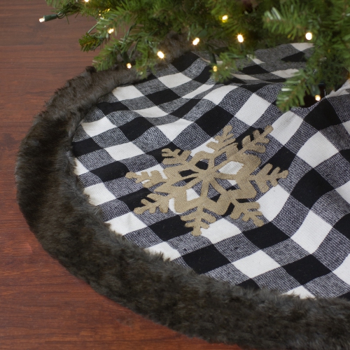 48" Black and White Buffalo Plaid Christmas Tree Skirt with Burlap Snowflake