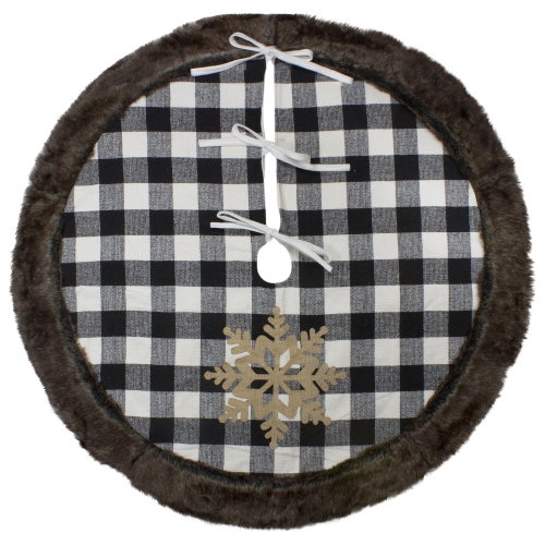 48" Black and White Buffalo Plaid Christmas Tree Skirt with Burlap Snowflake