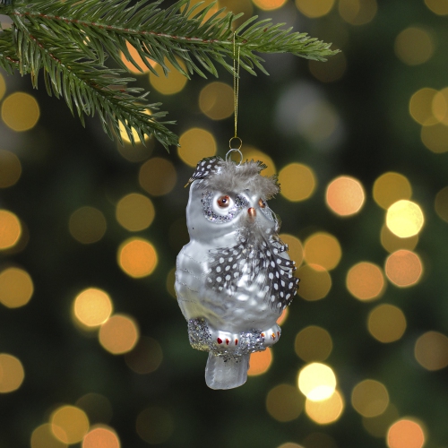 5" Silver and Brown Glass Snow Owl Christmas Ornament