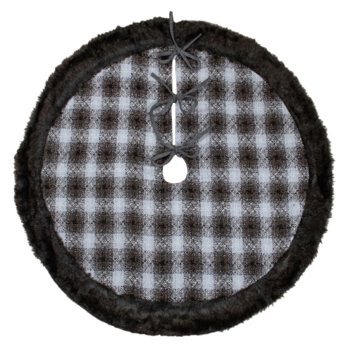 48" Brown and White Plaid Christmas Tree Skirt with Faux Fur