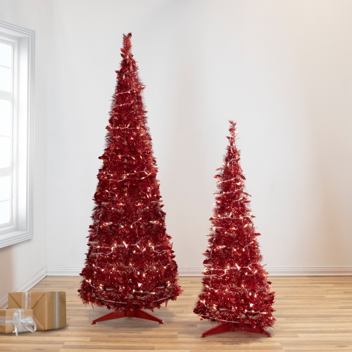 4' Pre-Lit Red Tinsel Pop-Up Artificial Christmas Tree, Clear Lights