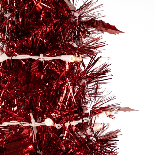 4' Pre-Lit Red Tinsel Pop-Up Artificial Christmas Tree, Clear Lights