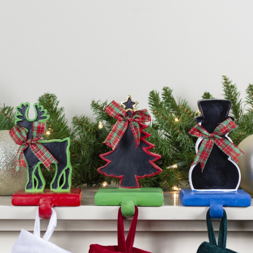 Set of 3 Reindeer, Tree, and Snowman with Chalkboard Christmas Stocking Holders 7"