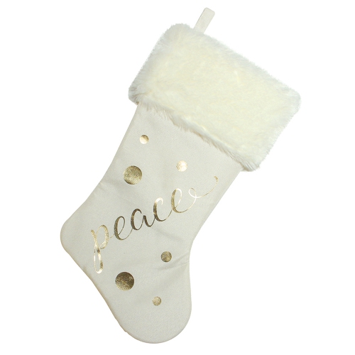 19" Ivory White Gold Foil "Peace" Christmas Stocking with White Faux Fur Cuff