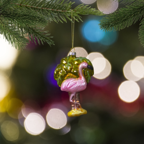 4" Pink Flamingo with Palm Tree Hanging Glass Christmas Ornament