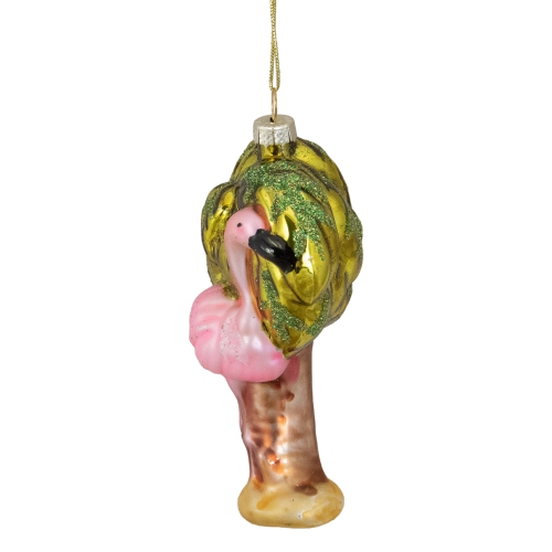 4" Pink Flamingo with Palm Tree Hanging Glass Christmas Ornament